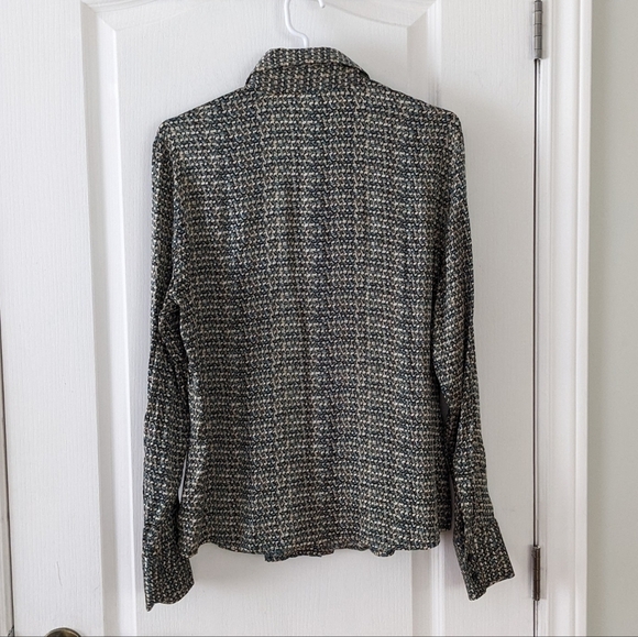 LINE 100% silk abstract print shirt blouse blue brown size Large @T1 - Picture 3 of 10